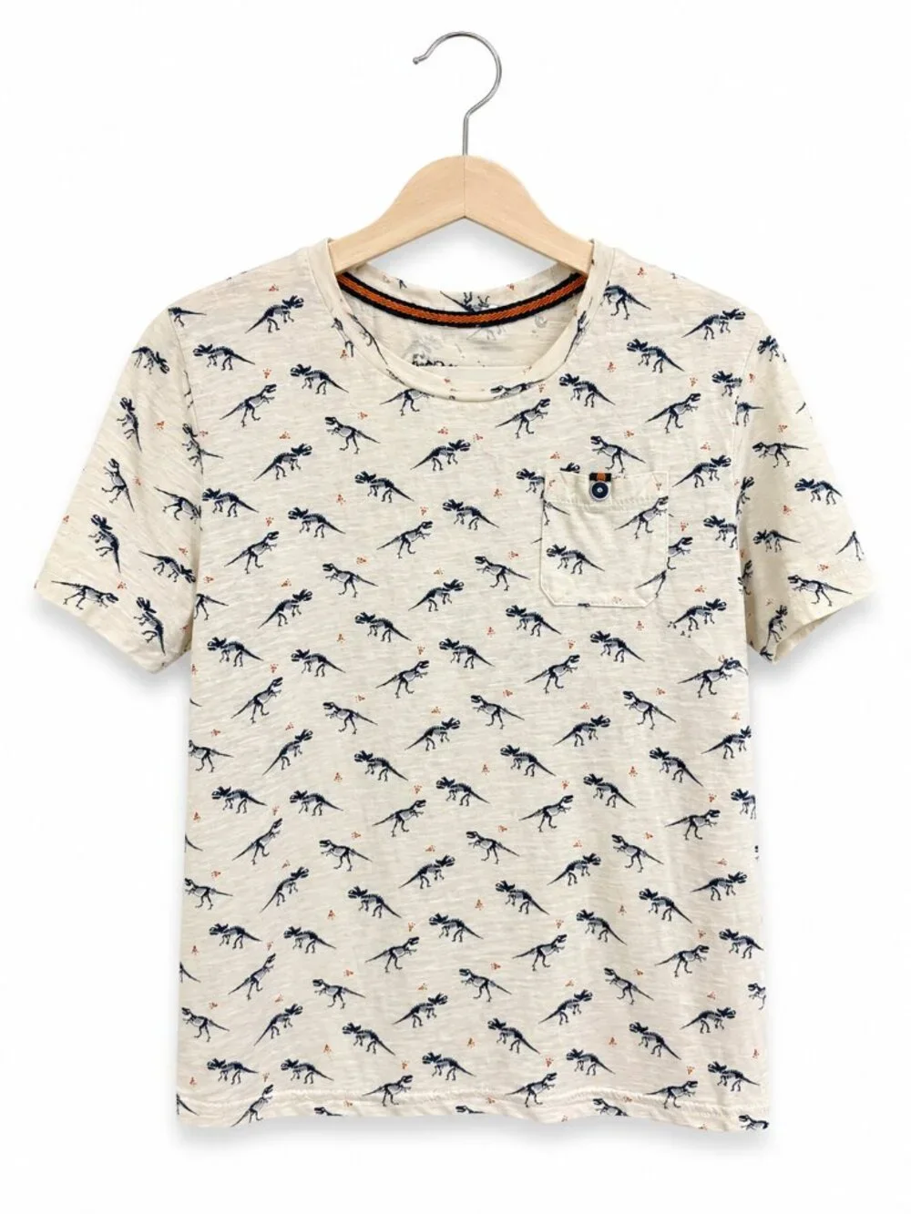 Craft+Flow Boys Dinosaur‎ Skeleton Print Pocket Tee Oatmeal Navy Size 7